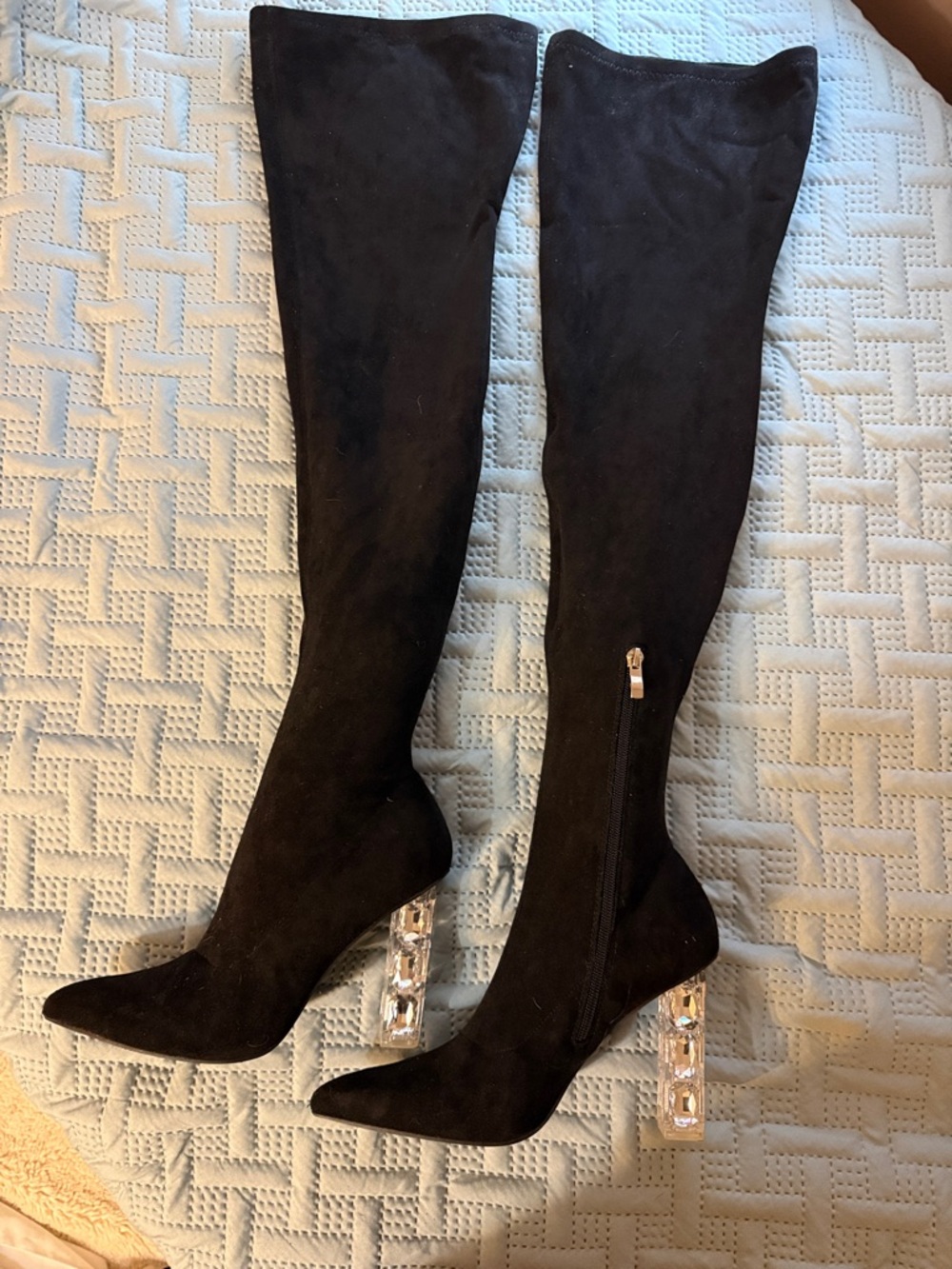 Fashion Nova Black Over-the-Knee Boots with Crystal Block Heels